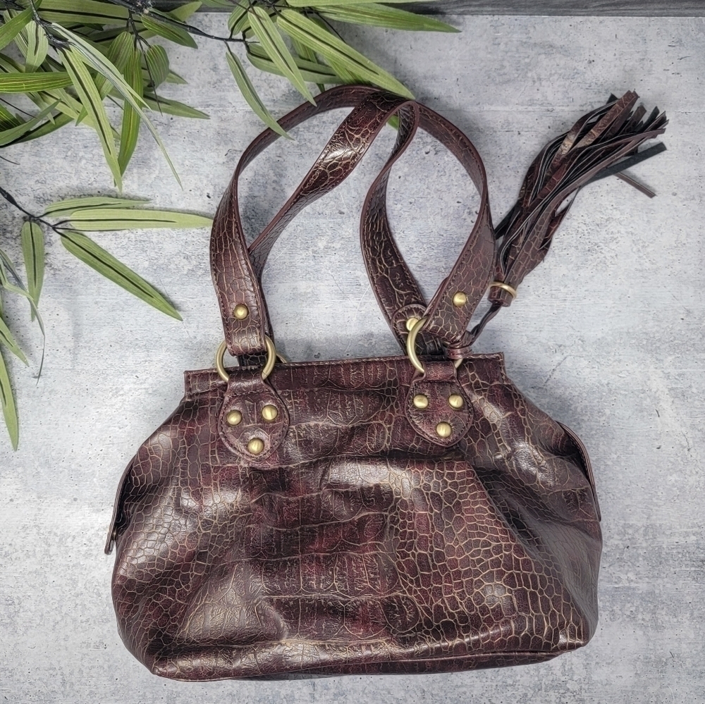 Kate Landry Dark Brown Crocodile Embossed Handbag with Tassel